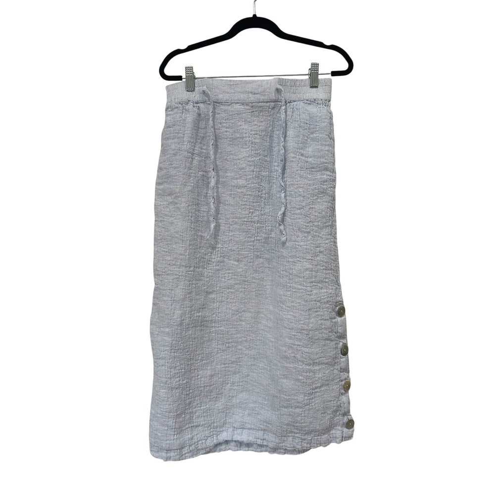 Tahari Women Light Blue 100% Linen Midi Skirt Elastic Waist Side Button Size M